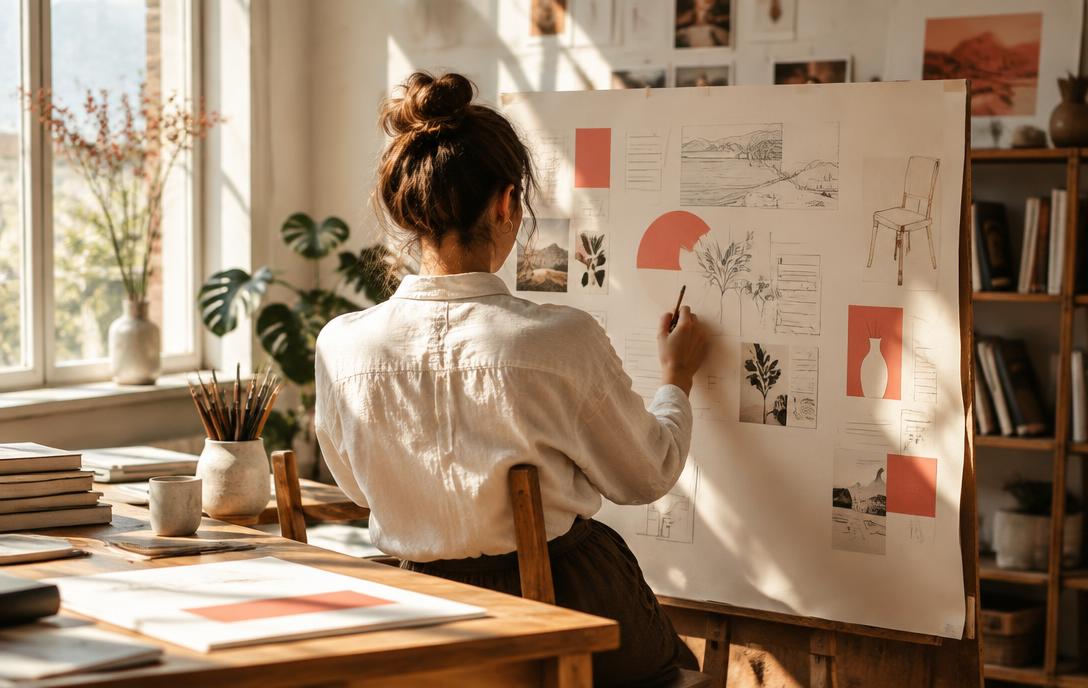 A creator developing visual ideas on a large paper board