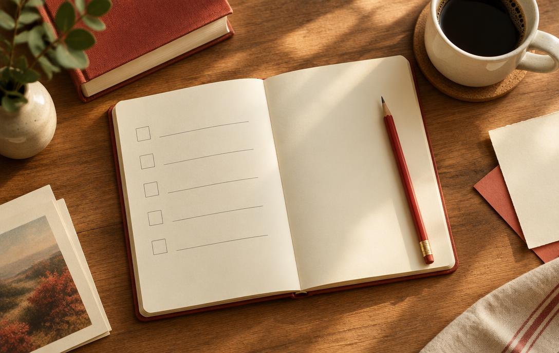 An open notebook with a five-item checklist on a warm wooden desk
