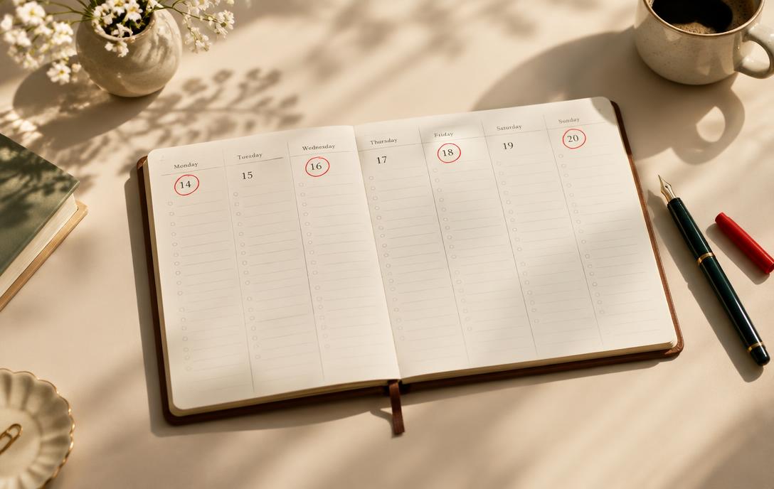 An open weekly planner with dates circled in red